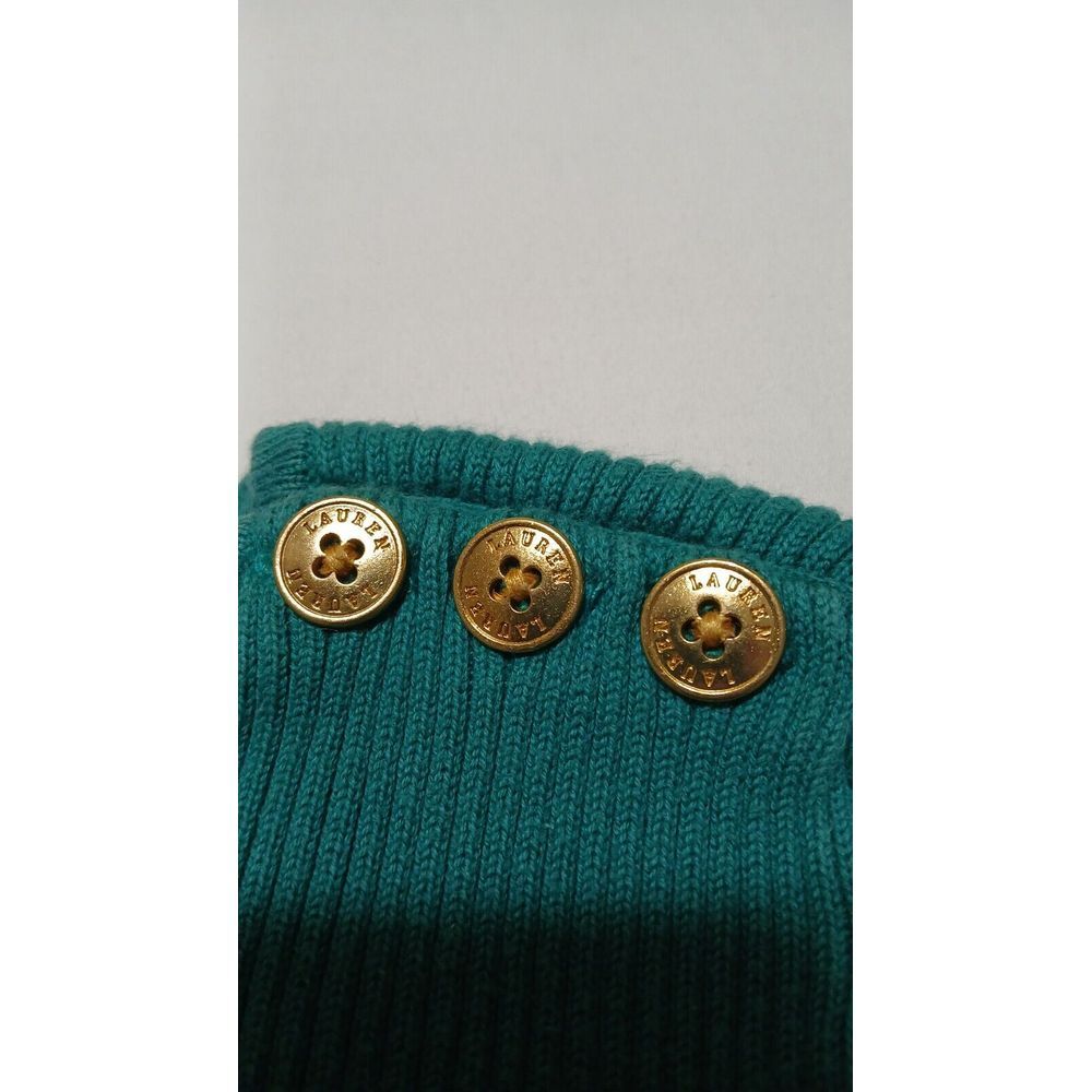 Lauren Ralph Lauren Rib Knit Sweater Women Medium Green Black Stripe Gold Button - Picture 5 of 8